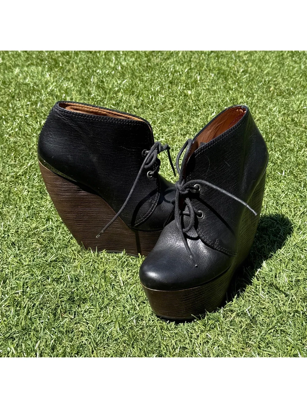 Lanvin black leather lace-up wedge ankle platforms